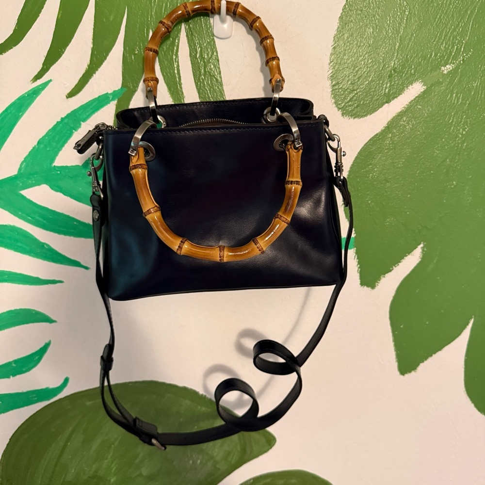 Patricia Nash Navy Leather Satchel with Bamboo Handles - Picture 4 of 9